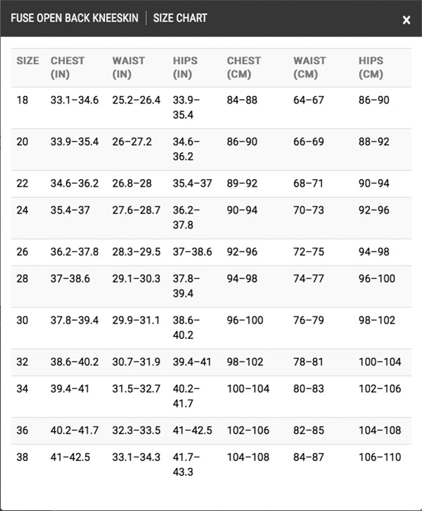 FINIS Fuse Open Back Race Suit Chart