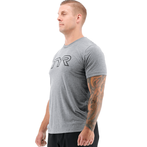 TYR Men's Big Logo Outline Logo Heather Grey/Black T-Shirt - Aqua Shop 